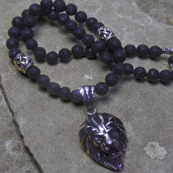 NEW Handmade Large Lion Necklace with Black Lava Stone. One of a Kind! - Picture 2 of 7
